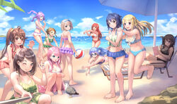  22/7 6+girls absurdres ball beach beachball bird blonde_hair blue_eyes blue_hair bow braid brown_eyes brown_hair fujima_sakura glasses hair_ornament hairclip highres hiiragi_tsubomi kamiki_mikami kono_miyako kyon_(kyouhei-takebayashi) long_hair looking_at_viewer maruyama_akane multiple_girls one_eye_closed one_side_up outdoors pink_hair purple_eyes purple_hair red_eyes red_hair ribbon saito_nicole sato_reika short_hair side_ponytail skirt smile swimsuit tachikawa_ayaka takigawa_miu toda_jun tojo_yuki 