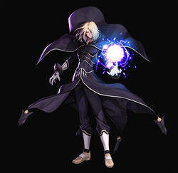  1boy absurdres bishounen black_background black_bodysuit black_cape black_pants blonde_hair bodysuit brown_footwear cape closed_mouth collarbone commentary_request covered_navel energy_ball evilgun floating_cape floating_hair full_body gloves hair_between_eyes hair_over_one_eye highres igniz_(kof) lips long_sleeves looking_at_viewer male_focus pants red_eyes shoes short_hair simple_background solo standing the_king_of_fighters toned toned_male white_gloves wind 