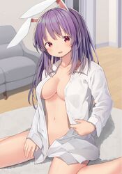  absurdres animal_ears blush breasts closed_mouth collarbone commentary_request couch female foot_out_of_frame highres indoors long_hair mamemochi medium_breasts naked_shirt navel open_clothes open_shirt purple_hair rabbit_ears red_eyes reisen_udongein_inaba shirt sitting solo touhou wariza white_shirt 