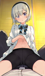  1boy :o belt bike_shorts black_hairband black_pants blue_bow blue_bowtie blue_eyes blunt_bangs blush bow bowtie clothes_lift commentary_request cowgirl_position dress dress_lift eluthel female grey_hair hairband highres idolmaster idolmaster_starlit_season indoors lifting_own_clothes long_sleeves looking_at_viewer lying navel okuzora_kohaku on_back open_mouth pants pov shirt short_hair solo_focus stomach straddling straight striped_bow striped_bowtie striped_clothes sweat white_dress white_shirt window_blinds 