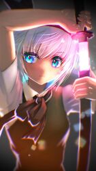  arms_up blue_eyes blurry depth_of_field expressionless female glowing hair_between_eyes holding holding_sword holding_weapon konpaku_youmu light looking_at_viewer neck_ribbon ribbon sheath shiroi_karasu shirt short_hair short_sleeves soft_focus solo sword touhou unsheathing vest weapon white_shirt 