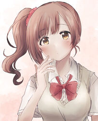  :o baran._(ba_ra_ran) blush bow bowtie breasts brown_hair female hair_ornament hair_scrunchie hand_to_own_mouth highres idolmaster idolmaster_cinderella_girls igarashi_kyoko looking_at_viewer loose_bowtie medium_breasts one_side_up school_uniform scrunchie simple_background solo upper_body vest wavy_hair white_background 