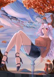  absurdres animal autumn_leaves azur_lane bare_legs belt black_footwear black_skirt blue_whale breasts brown_sweater champagne_flute cloud cloudy_sky collarbone cup drinking_glass female fish flying_fish flying_whale hair_ornament high_heels highres hsubo in_container leaf leaf_hair_ornament legs long_hair looking_at_viewer orange_eyes oversized_object petals prinz_eugen_(azur_lane) ribbon school_of_fish shark shoes sitting skirt sky smile solo squid squirrel sweater thighs tree tuna two_side_up whale whale_shark white_hair wine_glass 