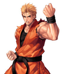  1boy belt biceps black_belt black_shirt blonde_hair blue_eyes clenched_hands collarbone commentary_request cowboy_shot dougi evilgun fighting_stance fingernails hand_up highres looking_at_viewer male_focus martial_arts_belt muscular muscular_male pectoral_cleavage pectorals ryou_sakazaki ryuuko_no_ken serious shirt short_hair simple_background sleeveless sleeveless_shirt solo standing the_king_of_fighters the_king_of_fighters_&#039;97 undershirt white_background 