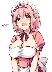  @_@ alternate_costume apron blue_eyes blush breasts bright_pupils cleavage dress enmaided female horosuke large_breasts maid maid_headdress open_mouth pink_dress pink_hair princess_connect! puffy_short_sleeves puffy_sleeves short_hair short_sleeves simple_background solo upper_body waist_apron wavy_mouth white_background white_pupils yui_(princess_connect!) 