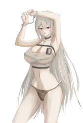  absurdres armpits arms_up azur_lane black_choker black_panties blush bra breasts choker cleavage collarbone covered_nipples crop_top cuffed cuffs female handcuffs highres lom_(lom_lom_8) looking_at_viewer medium_breasts mole mole_under_eye navel open_mouth panties shirt solo sovetskaya_rossiya_(azur_lane) sovetskaya_rossiya_(the_lackadaisical_lookout)_(azur_lane) stomach underwear white_background white_bra 