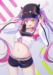  :d anichika arms_up baseball_cap bibi_(tokoyami_towa) black_choker black_hat black_shorts choker collarbone colored_inner_hair commentary_request crop_top cropped_jacket fake_horns female green_eyes green_nails halterneck hat headphones headphones_over_headwear highres hololive horned_headwear horns jacket long_hair long_sleeves looking_at_viewer midriff multicolored_hair multicolored_nails nail_polish navel navel_piercing oerba_yun_fang off_shoulder open_mouth piercing pink_hair purple_hair purple_nails short_shorts shorts simple_background smile solo streaked_hair tokoyami_towa tokoyami_towa_(1st_costume) twintails very_long_hair virtual_youtuber white_jacket 