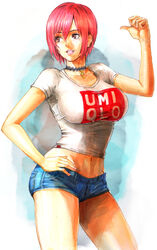  brand_name_imitation breasts choker commentary_request contrapposto cowboy_shot crop_top cropped_shirt cross denim denim_shorts female gigant_(series) hand_on_own_hip highres large_breasts lowleg lowleg_shorts midriff mole mole_under_eye mole_under_mouth navel open_mouth papico_(gigant) pink_eyes pink_hair pink_lips sayamiya shirt short_hair short_shorts shorts smile solo t-shirt uniqlo 