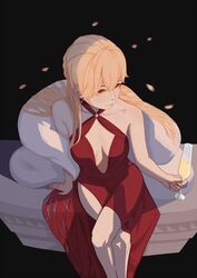  bare_legs black_background blonde_hair breasts champagne_flute cleavage collarbone crossed_legs cup dress drinking_glass earrings feather_boa female from_above fur girls&#039;_frontline hsubo jewelry long_hair looking_away nail_polish official_alternate_costume ots-14_(girls&#039;_frontline) ots-14_(ruler_of_the_banquet)_(girls&#039;_frontline) petals red_dress red_nails sitting small_breasts solo stole yellow_eyes 