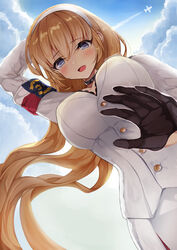  :d arm_behind_head arm_up armband azur_lane backlighting black_gloves blonde_hair blue_sky breasts choker cleavage cloud cloudy_sky commentary_request eyes_visible_through_hair female formal from_below gloves hairband highres large_breasts long_hair long_sleeves looking_at_viewer north_carolina_(azur_lane) reaching reaching_towards_viewer senzen_(ikusamae) sidelocks sky smile solo suit white_suit wind 