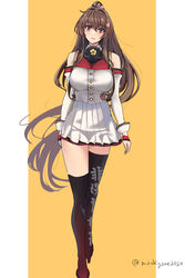  asymmetrical_legwear breasts brown_hair chamumi_(mochiumee) cherry_blossoms clothes_writing clothing_cutout coat duplicate female flower full_body gradient_footwear hair_flower hair_intakes hair_ornament kantai_collection large_breasts long_hair looking_at_viewer one-hour_drawing_challenge pixel-perfect_duplicate pleated_skirt ponytail red_eyes sakuramon shoulder_cutout sidelocks single_thighhigh skirt sleeveless sleeveless_coat solo standing thighhighs white_skirt yamato_(kancolle) yamato_kai_ni_(kancolle) yellow_background 