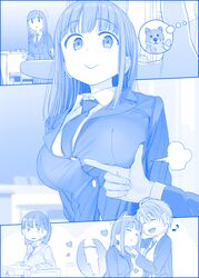  3girls :3 ai-chan&#039;s_sister_(tawawa) ai-chan_(tawawa) animal_ears blazer blue_theme blush_stickers breast_rest breasts canine commentary desk dog_ears dog_tail getsuyoubi_no_tawawa hand_on_another&#039;s_chin headpat heart highres hime_cut himura_kiseki jacket large_breasts long_hair monochrome multiple_girls musical_note necktie petting short_hair siblings sisters smile snoot_challenge stroking_another&#039;s_chin sweatdrop sweater tail tail_wagging volley-bu-chan_(tawawa) yuri 