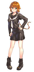  black_footwear black_sailor_collar black_serafuku black_shirt black_skirt black_socks blush boots breasts brown_hair closed_mouth commentary_request cross-laced_footwear female full_body glasses green_eyes hand_on_own_hip lace-up_boots long_hair long_sleeves looking_at_viewer neckerchief original photoshop_(medium) pigeon-toed pleated_skirt raika9 red-framed_eyewear sailor_collar school_uniform semi-rimless_eyewear serafuku shirt simple_background skirt sleeves_past_wrists small_breasts socks solo standing under-rim_eyewear very_long_hair white_background white_neckerchief 