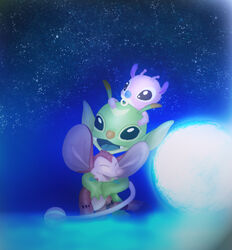  2012 alien amegared antennae_(anatomy) babyfier blue_nose blue_tongue bonnie_(lilo_and_stitch) closed_eyes disney experiment_(lilo_and_stitch) fangs female_(lore) fur green_body green_fur group happy hug lilo_and_stitch male_(lore) markings moon night open_mouth pacifier pink_body pink_fur pink_nose red_body red_fur shush_(lilo_and_stitch) star teeth tongue 