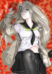  absurdres autumn_leaves black_pantyhose black_skirt breasts female frown girls&#039;_frontline grey_eyes grey_hair grey_jacket hair_ornament hairclip highres hsubo jacket knee_up leaf leaf_background long_hair looking_at_viewer medium_breasts mg4_(girls&#039;_frontline) mg4_(survival_club)_(girls&#039;_frontline) neckerchief official_alternate_costume pantyhose shirt skirt solo unhappy white_shirt 