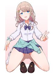  :d ass_visible_through_thighs blue_bow blue_cardigan blue_eyes blue_nails blue_skirt bow brown_footwear brown_hair cardigan cardigan_around_waist choumi_wuti_(xueye_fanmang_zhong) clothes_around_waist collared_shirt commentary dress_shirt female full_body head_tilt heart highres idolmaster idolmaster_shiny_colors kneehighs kneeling long_hair long_sleeves looking_at_viewer loose_socks nail_polish pleated_skirt school_uniform serizawa_asahi shirt shoes skirt smile socks solo symbol-only_commentary unworn_shoes v white_shirt white_socks 