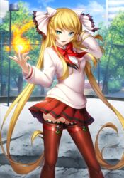  :d artist_request blazblue blazblue_alternative:_dark_war blonde_hair blue_eyes bow bowtie female fire hair_ribbon hair_tie hairbow happy highres kuon_gramred_shutleheim long_hair magic official_art open_mouth pink_sweater red_skirt red_thighhighs ribbon school_uniform skirt smile solo sweater thighhighs third-party_source twintails uniform very_long_hair xblaze 