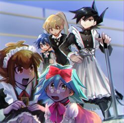  2girls 3boys :d alternate_costume black_eyes black_hair black_jacket black_legwear black_shirt blonde_hair blue_hair bow bowtie brown_eyes brown_hair card choker crossdressing dress enmaided glasses green_eyes hair_between_eyes hairbow hand_on_hilt hand_on_own_hip high_ponytail holding holding_card indoors jacket leaning_forward long_hair long_skirt long_sleeves maid maid_headdress manjoume_jun marufuji_sho multiple_boys multiple_girls neck_ribbon open_mouth orange_bow pink_bow pink_bowtie pink_dress ponytail red_bow red_ribbon ribbon saotome_rei shirt sk816 skirt sleeveless sleeveless_dress smile spiked_hair sweatdrop tenjouin_asuka very_long_hair white_skirt yu-gi-oh! yu-gi-oh!_gx yuki_judai 