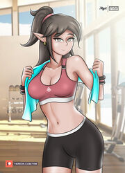  1girls 2019 alternate_costume booty_shorts brown_hair elf female fitness gym gym_uniform long_hair paladins solo sports_bra sports_uniform white_skin workout yhw ying_(paladins) 