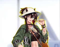  ;d animal_ears arknights black_choker black_hair black_shirt breasts choker collarbone commentary_request crop_top ears_through_headwear fedora female green_eyes green_jacket hair_between_eyes hat highres jacket large_breasts long_hair long_sleeves looking_at_viewer meteor_(arknights) meteor_(bard&#039;s_holiday)_(arknights) midriff one_eye_closed open_clothes open_jacket open_mouth outline ponytail shijie_jianfa shirt sidelocks smile solo stomach upper_body white_hat wristband yellow_outline 