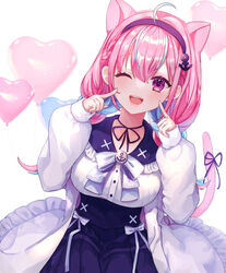  182_1x156_(gkyn8274) ;d absurdres ahoge anchor_symbol animal_ears balloon blue_bow blue_bowtie blue_hair blue_hairband blue_ribbon blush bow bowtie braid breasts brooch cat_ears cat_girl cat_tail choker collarbone female fingers_to_cheeks french_braid hairband heart_balloon highres hololive jewelry kemonomimi_mode leaning_to_the_side long_hair long_sleeves looking_at_viewer low_twintails medium_breasts minato_aqua minato_aqua_(sailor) multicolored_hair neck_ribbon official_alternate_costume one_eye_closed open_mouth pink_eyes pink_hair puffy_sleeves ribbon ribbon_choker simple_background smile solo tail tail_ornament tail_ribbon twintails two-tone_hair upper_body virtual_youtuber white_background white_bow 