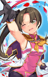  armpits ayanami_(kancolle) black_gloves blush brown_hair cosplay epaulettes female gloves gold_trim green_eyes highres kantai_collection long_hair looking_at_viewer one_eye_closed open_mouth sakura_bakushin_o_(umamusume) sakura_bakushin_o_(umamusume)_(cosplay) side_ponytail sleeveless solo umamusume upper_body yasume_yukito 