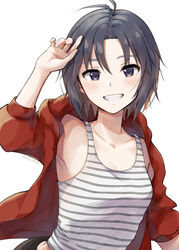  :d antenna_hair arm_at_side armpits artist_name black_eyes black_hair breasts collarbone commentary curled_fingers female grin hair_between_eyes hand_up idolmaster idolmaster_(classic) jacket kikuchi_makoto light_blush long_sleeves looking_at_viewer loose_hair_strand medium_breasts mogskg open_clothes open_jacket red_jacket short_hair signature simple_background sleeveless smile solo striped_tank_top tank_top twitter_username upper_body white_background white_tank_top 