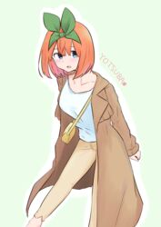  :d absurdres bag blue_eyes blush breasts brown_coat brown_pants character_name coat collarbone commentary_request eyebrows_hidden_by_hair feet_out_of_frame female go-toubun_no_hanayome green_background green_ribbons hair_between_eyes hair_ribbon highres kujou_karasuma long_sleeves looking_at_viewer medium_breasts nakano_yotsuba open_clothes open_coat open_mouth orange_hair outline pants ribbon shirt shoulder_bag smile solo white_outline white_shirt 