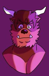  anthro canid canid_demon canine demon hellhound looking_forward male mammal maroon_fur muscular muscular_anthro muscular_male mythological_canine mythological_creature mythology pork_baozu purple_background sharp_teeth simple_background solo sonto teeth vermilion_fur 