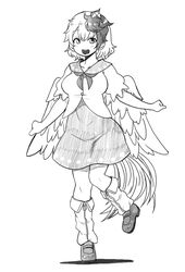  animal_on_head bad_id bad_twitter_id bird bird_on_head bird_tail bird_wings chick chicken commentary_request feathered_wings female greyscale highres himajin_noizu inactive_account monochrome niwatari_kutaka on_head simple_background solo standing tail touhou white_background wings 