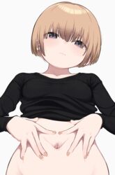  absurdres black_eyes blush bouen breasts brown_hair commission covered_nipples female highres looking_at_viewer original pixiv_commission short_hair solo spread_navel stomach 