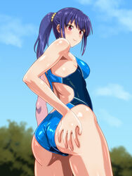  ass blue_one-piece_swimsuit blue_sky blurry breasts cloud commentary_request competition_swimsuit cowboy_shot day depth_of_field female from_behind hand_on_own_ass lips long_hair looking_at_viewer looking_back medium_breasts monteriakitto one-piece_swimsuit original outdoors purple_hair red_eyes sky solo swimsuit tree 