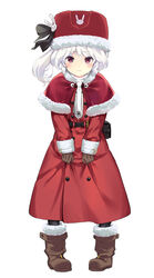  ash_arms belt black_belt black_bow black_gloves boots bow brown_footwear capelet closed_mouth dress female frown full_body fur-trimmed_boots fur-trimmed_capelet fur-trimmed_headwear fur_hat fur_trim gloves hat hat_bow holster ichimasa_game long_dress looking_at_viewer medium_hair necktie purple_eyes rabbit_ornament red_dress side_ponytail sitting skirt_hold solo t-34_(ash_arms) ushanka white_hair white_necktie 