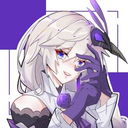  97552153 blue_eyes braid braided_ponytail female flower grin hair_between_eyes highres honkai_(series) honkai_impact_3rd kallen_kaslana kallen_kaslana_(sixth_serenade) long_hair looking_at_viewer mask open_mouth purple_background purple_flower smile solo teeth two-tone_background white_background white_hair 