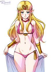  alternate_costume artist_name belt bikini blonde_hair blue_eyes blush bracelet breasts circlet curvy dated earrings female gem holding jewelry long_hair looking_at_viewer medium_breasts mina_cream navel necklace parted_bangs pearl_necklace pink_bikini pointy_ears princess princess_zelda stomach swimsuit the_legend_of_zelda the_legend_of_zelda:_a_link_between_worlds towel triforce triforce_earrings 