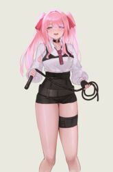  bad_anatomy breasts commentary dominatrix feet_out_of_frame female goddess_of_victory:_nikke high-waist_shorts highres long_hair looking_at_viewer medium_breasts pepeo pink_hair short_shorts shorts solo standing thick_thighs thigh_strap thighs twintails whip yuni_(nikke) 