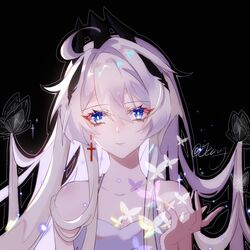  97552153 black_background blue_eyes bug butterfly closed_mouth dress earrings female hair_between_eyes hair_ornament highres honkai_(series) honkai_impact_3rd jewelry kiana_kaslana long_hair looking_at_viewer simple_background single_earring sleeveless sleeveless_dress smile solo white_dress white_hair 