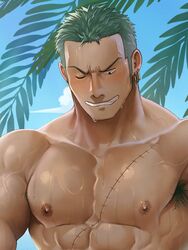  1boy abs armpit_hair armpits bara blush cropped frown gorou_naoki green_hair grin highres large_pectorals long_sideburns looking_down male_focus muscular muscular_male nipples no_scar nude one_eye_closed one_piece outdoors pectorals roronoa_zoro short_hair sideburns sky smile solo sweat tree upper_body 