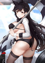  absurdres animal_ears ass atago_(azur_lane) atago_(stunning_speedster)_(azur_lane) azur_lane black_hair black_thighhighs blue_sky blush breasts brown_eyes female flag highres large_breasts long_hair looking_at_viewer race_queen simple_background sky smile solo thighhighs thighs yukiaka 