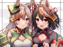  2girls :d ahoge animal_ears black_hair black_nails blush braid breasts brown_eyes brown_hair cleavage commentary frilled_sleeves frills hair_between_eyes horse_ears kitasan_black_(umamusume) long_hair long_sleeves looking_at_viewer medium_breasts multicolored_hair multiple_girls nail_polish ofuda omuretsu open_mouth parted_lips red_eyes satono_diamond_(umamusume) signature sleeves_past_fingers sleeves_past_wrists smile streaked_hair umamusume upper_body white_background white_hair 