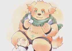  anthro bear bird_dog blush bottomwear canid canine canis clothing cu_sith_(tas) domestic_dog duo eyewear glasses golden_retriever hi_res hunting_dog igarashi_ta leib_(tas) lifewonders macro male mammal polar_bear retriever scarf shorts slightly_chubby tokyo_afterschool_summoners ursine 