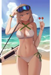  aa-12 aa-12_(girls&#039;_frontline) aa-12_(the_sun_never_rises)_(girls&#039;_frontline) ahoge arm_up bad_id bad_pixiv_id bags_under_eyes bare_arms bare_shoulders beach bikini blue_eyes breasts candy cero_(last2stage) cleavage cloud collarbone commentary_request cowboy_shot criss-cross_halter dated_commentary day female food girls&#039;_frontline goggles goggles_on_head grey_hair gun halterneck hand_on_goggles highres holding korean_commentary large_breasts lollipop looking_away looking_to_the_side mouth_hold navel ocean outdoors shotgun side-tie_bikini_bottom solo stomach strap swimsuit thighs water weapon white_bikini 