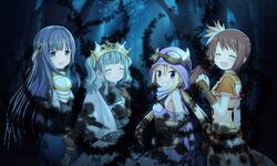  4girls :d aqua_gemstone aqua_hair aqua_sweater arm_at_side arm_warmers armor beads black_gloves blonde_hair blue_background blue_dress blue_eyes blue_gemstone blue_hair blunt_bangs blush bow breastplate bridal_gauntlets brown_gloves brown_hair closed_eyes closed_mouth corruption crop_top crown detached_sleeves dot_nose dress earrings facing_back facing_viewer fingerless_gloves fold-over_gloves from_behind futaba_sana game_cg gauntlets gem gloves grey_shirt grin hair_between_eyes hair_intakes hand_on_own_chest hand_on_own_hip hand_up headdress jewelry long_hair long_sleeves looking_at_viewer looking_back low_twintails magia_record:_mahou_shoujo_madoka_magica_gaiden magical_girl mahou_shoujo_madoka_magica medium_hair miniskirt mitsuki_felicia multiple_girls nanami_yachiyo official_art open_mouth orange_shirt purple_eyes purple_hood purple_scarf purple_shirt purple_skirt purple_sleeves red_gemstone ribbed_sweater scarf shirt short_sleeves side-tie_skirt side_ponytail sidelocks skirt sleeveless sleeveless_shirt smile spoilers sweater swept_bangs tassel turtleneck turtleneck_sweater twintails upper_body veil very_long_hair waist_cape wavy_hair white_armor yellow_bow yui_tsuruno 