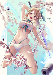  200f_(nifu) absurdres aqua_bow bare_shoulders bikini blonde_hair bow bracelet breasts cherry_blossoms cleavage fate/grand_order fate_(series) female hairbow halterneck highres holding holding_sword holding_weapon jewelry jumping katana koha-ace looking_at_viewer medium_breasts navel okita_j._souji_(fate) okita_j._souji_(third_ascension)_(fate) okita_souji_(fate) open_mouth sandals sheath short_hair smile solo stomach swimsuit sword teeth v-shaped_eyebrows weapon white_bikini yellow_eyes 