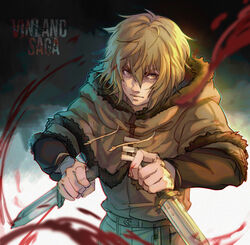  1boy animal_ears belt blonde_hair blood copyright_name dagger dual_wielding fur_trim hair_between_eyes highres holding holding_weapon knife male_focus rabbit_ears renshena standing thorfinn tunic viking vinland_saga weapon yellow_eyes 