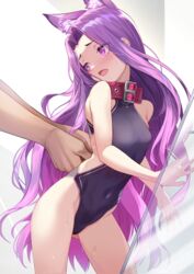  animal_ears athletic_leotard bare_shoulders black_leotard breasts cat_ears collar covered_navel fate/grand_order fate_(series) female forehead highleg highleg_leotard highres leotard long_hair looking_back medusa_(fate) medusa_(lancer)_(fate) open_mouth parted_bangs purple_collar purple_eyes purple_hair rui_rubellent sidelocks small_breasts solo_focus thighs very_long_hair 