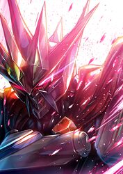  absurdres black_cape cape glowing glowing_eyes highres kuri_giepi_(style) looking_down mecha no_humans pink_eyes portrait robot science_fiction solo super_robot super_robot_wars super_robot_wars_original_generation takamaru_(taka1220) vaisaga 