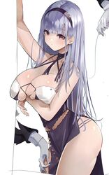  arm_under_breasts ass azur_lane bare_shoulders breasts choker cleavage dido_(anxious_bisque_doll)_(azur_lane) dido_(azur_lane) disembodied_hand dress ekaki_no_mime female grey_hair hair_ornament hairband halterneck highres large_breasts long_hair looking_at_viewer official_alternate_costume purple_dress purple_eyes simple_background solo thighs white_background 