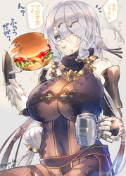  atelier_(series) atelier_ryza atelier_ryza_1 beer_mug blue_eyes bodysuit breasts burger commentary cup eating female food food_on_face grey_background heterochromia holding holding_food ketchup large_breasts lila_decyrus long_hair looking_at_viewer mug red_eyes signature simple_background skin_tight solo tooka translated white_hair 