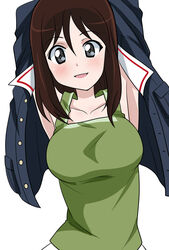  alternate_costume armpits arms_behind_head arms_up black_eyes blue_jacket blush breasts brown_hair collarbone female girls_und_panzer green_tank_top hair_between_eyes highres jacket looking_at_viewer medium_hair megumi_(girls_und_panzer) ooarai_military_uniform open_clothes open_jacket parted_lips simple_background skirt smile solo tank_top wakku_kan white_background white_skirt 